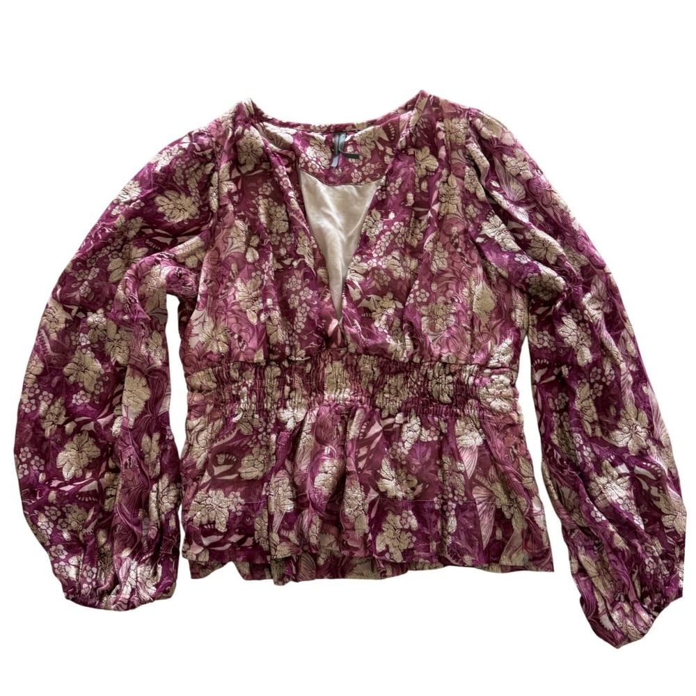 Anthropologie Metallic Floral Smocked Peplum Blouse Purple Gold Size M